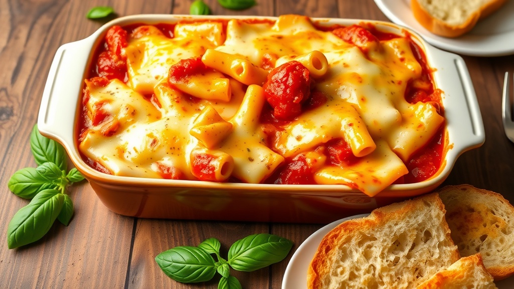 Classic Baked Ziti Recipe A serving of baked ziti with melted cheese and marinara sauce, garnished with basil on a wooden table.